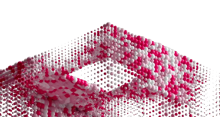 Image of a fractal cube made from pink and white balls